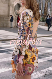 Elegantly Enchanted Floral Applique Backless Long Sleeve Mini Dress