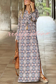 Unique Printed Long Sleeve V-neck Loose Maxi Dress