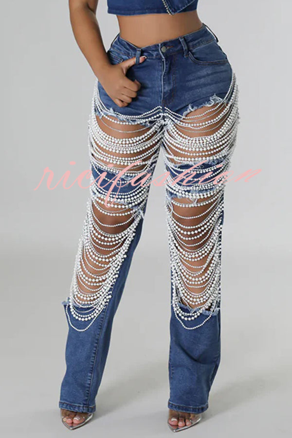 Stylish Multi-layered Pearl Chain Ripped Pocket Straight Jeans