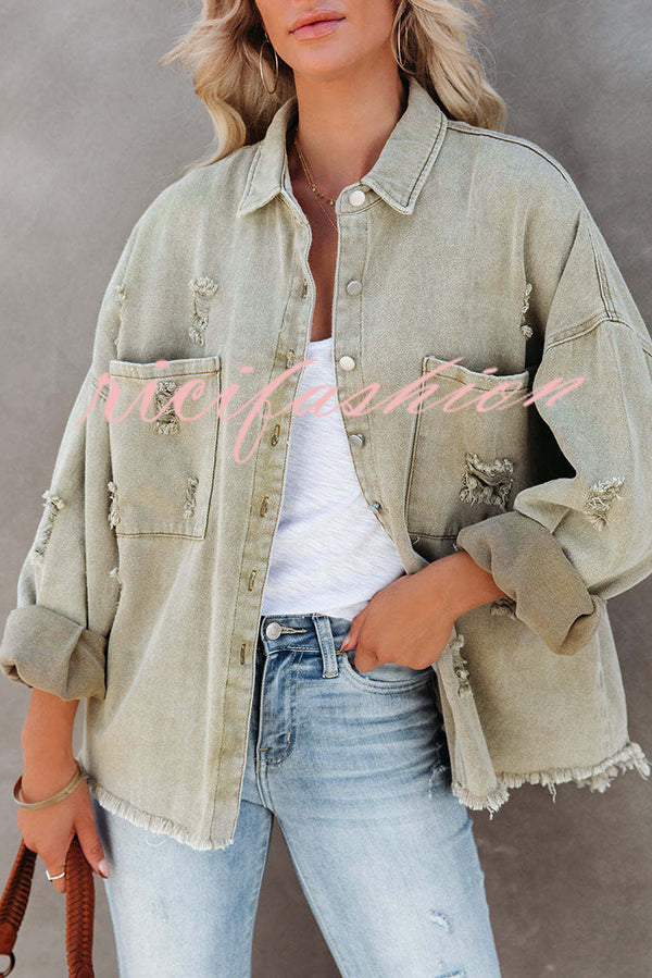 Stylish Lapel Long Sleeve Ripped Denim Jacket