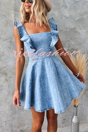 Sweet Secret Denim Square Neck Ruffle Sleeve Stretch Mini Dress