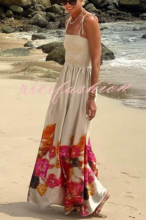 Hidden Garden Satin Floral Print Smocked Tie-up Shoulder Maxi Dress