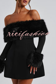 Cute and Luxe Faux Fur Trim Off Shoulder Bubble Shaped Mini Dress