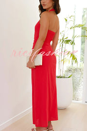 Solid Color Sleeveless Halter Neck Backless Slim Fit Maxi Dress