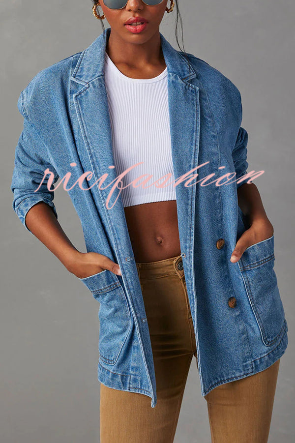 Breaking The Rules Denim Button Up Lapel Loose Blazer Jacket