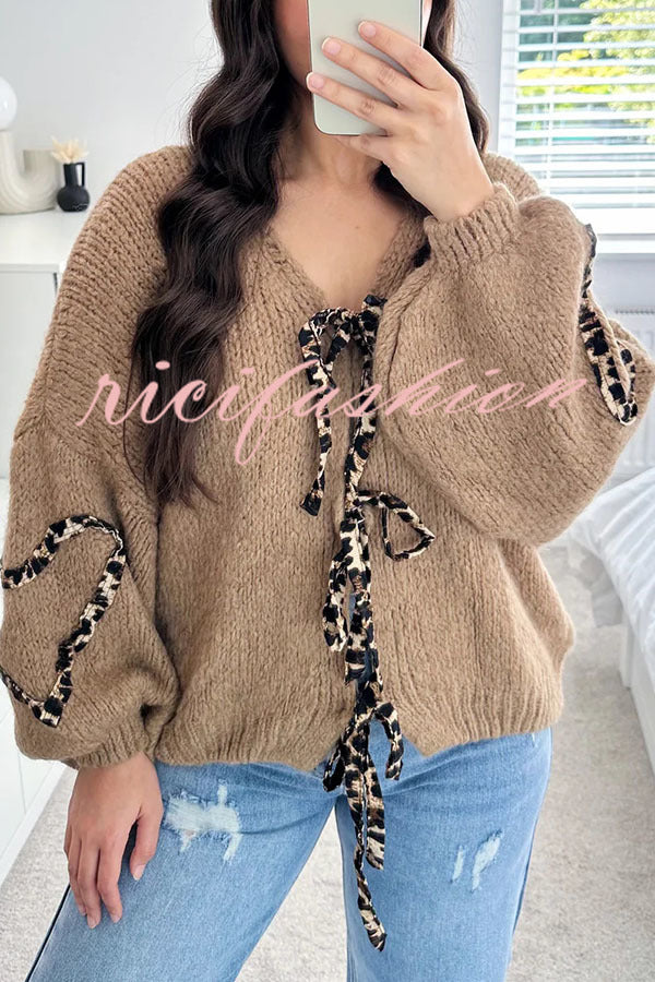 Fashionable Loose Long-sleeved Leopard Print Lace-up Knitted Sweater Cardigan