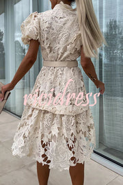 Absolutely Elegant Floral Crochet Lace Puff Sleeve Belted Shirt Midi Dress