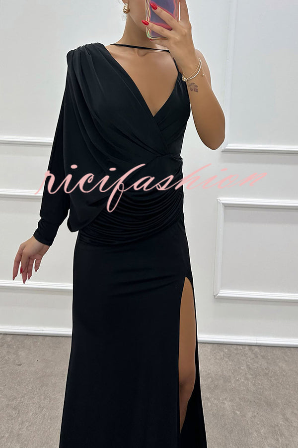 Like Venus One Shoulder Bat Sleeve Ruched Detail Slit Gown Maxi Dress