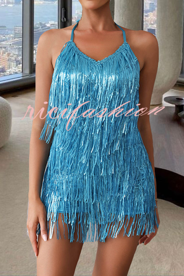 Shiny Sexy Halterneck Backless Lace-up Fringed Sequin Rompers