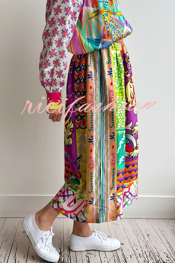 Boho Chic Satin Colorful Unique Print Elastic Waist Pocket Vacation Midi Skirt