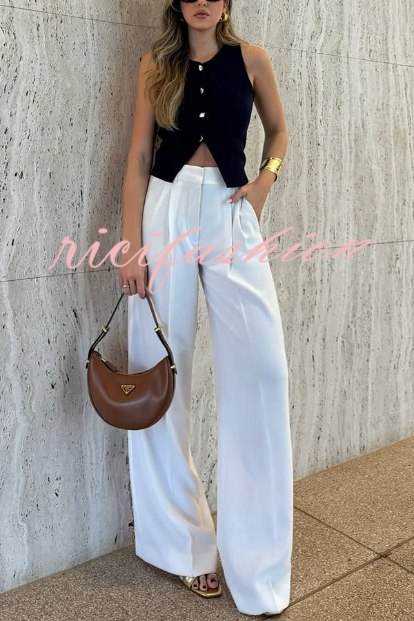 Solid Color Waist Pocket Loose Wide Leg Pants