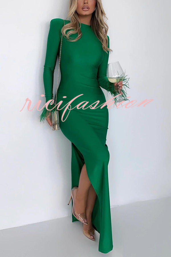 Solid Color Round Neck Ostrich Feather Long Sleeve Slim Maxi Dress