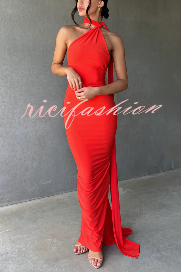 Sexy Backless Pleated Slim Solid Color Sleeveless Elegant Maxi Dress