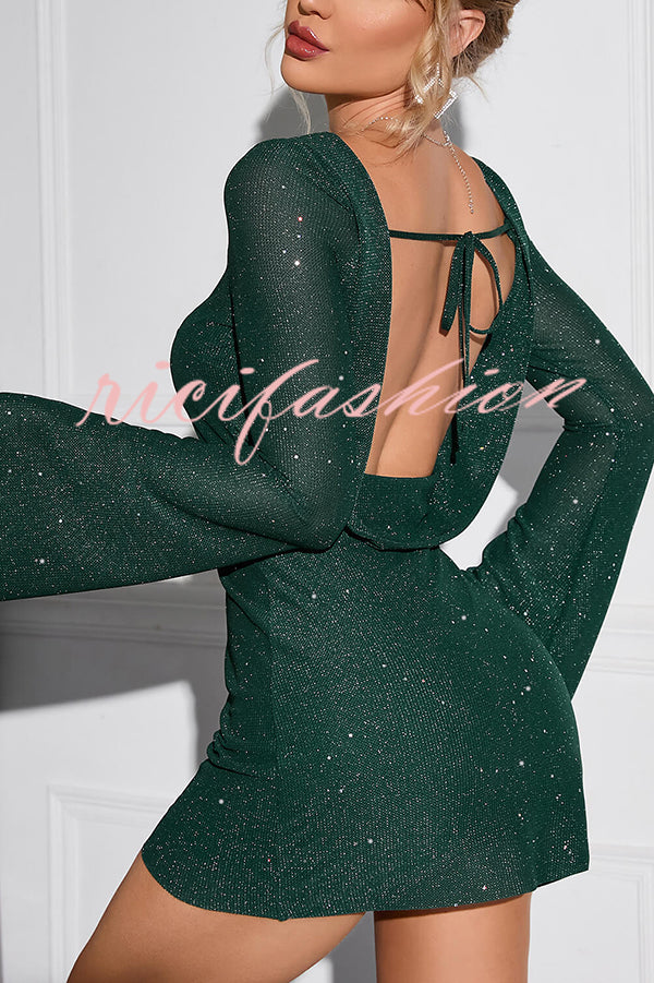 Solid Sequined Open Back Lace Up Mini Dress