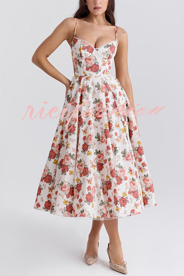 Fairy Tale Gorgeous Italian Rose Print Tulle Pocketed Slip Midi Dress