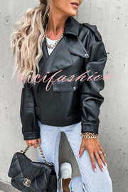 Stylish Leather Lapel Pocket British Style Cropped Jacket