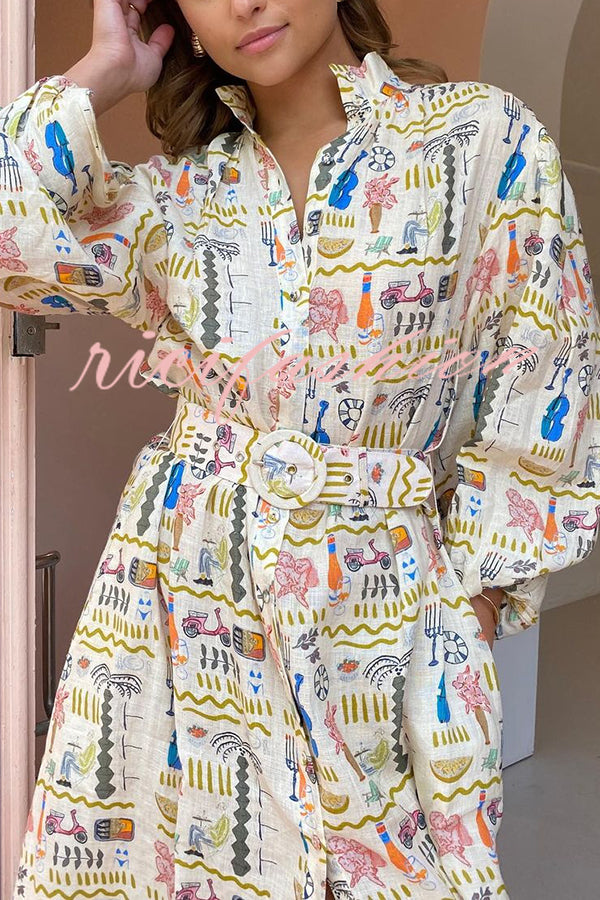 Country Cutie Unique Print Long Sleeve Belted Pocket Shirt Maxi Dress