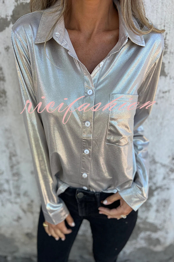 Holiday Look Solid Metallic Loose Pocket Button-down Blouse