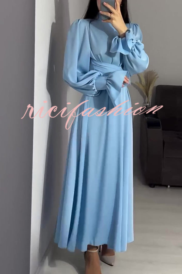 Solid Color Ruffled Sleeves Waisted Tie Slim Fit Maxi Dress