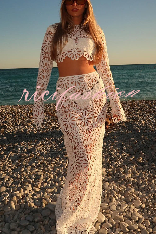 Balmy Summers Crochet Lace Floral Pattern Elastic Waist Fishtail Vacation Maxi Skirt