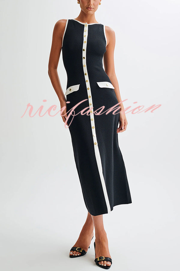 Elegant Slim Fit Crew Neck Buttoned Sleeveless Knit Midi Dress