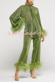 Glitter Fabric Feather Trim Long Sleeve Button Top and Elastic Waist Loose Straight Pants Set