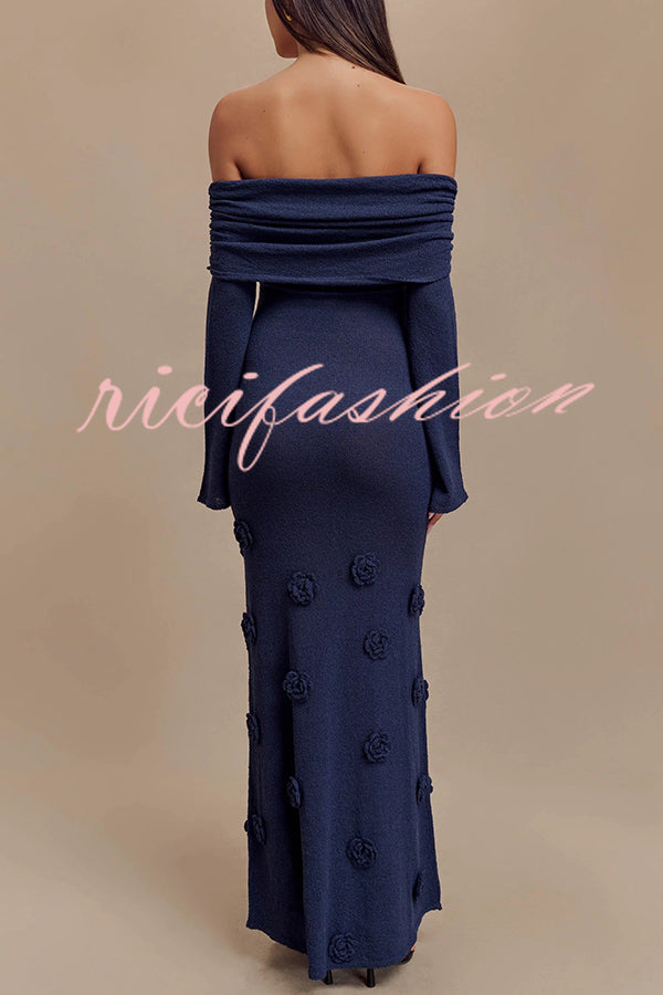 Timeless Sophistication Knit Off Shoulder Rose Detail Stretch Maxi Dress