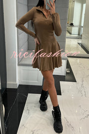 Solid Color Lapel Long Sleeve Slim Fit Waist Mini Dress