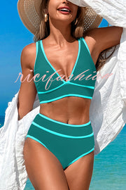 Solid Color Contrast High Waist Stretch Bikini Swimsuit