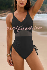 Solid Color Drawstring Waist Mesh One-Piece Swimsuit