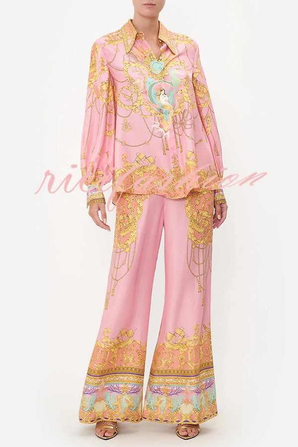 Mermaid Motel Unique Print Long Sleeve Loose Shirt and Elastic Waist Pants Set