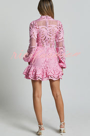 Solid Color Hollow Long-sleeved Waisted Lace Mini Dress