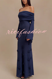 Timeless Sophistication Knit Off Shoulder Rose Detail Stretch Maxi Dress