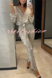 Cheers To You Sequin Long Sleeve Belted Wrap Loose Jumpsuit