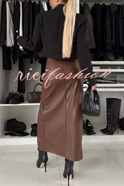 Excellent Partner Faux Leather High Rise Front Slit Stretch Midi Skirt