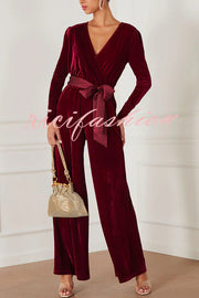 Love One Another Velvet Bow Belted Pocket Cutout Back Loose Jumpsuit