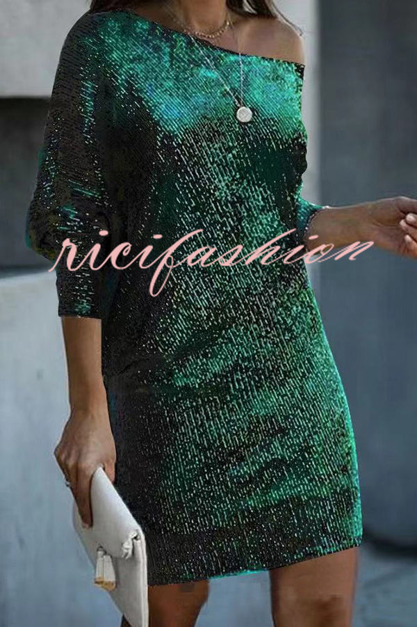 Solid Sequined Off-shoulder Loose Mini Dress