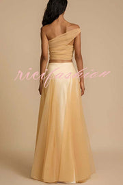 Romance Factor Satin Patchwork Tulle High Rise Elastic Waist A-line Maxi Skirt