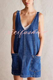 Solid Color Sleeveless V-neck Pocket Adjustable Denim Suspender Mini Dress