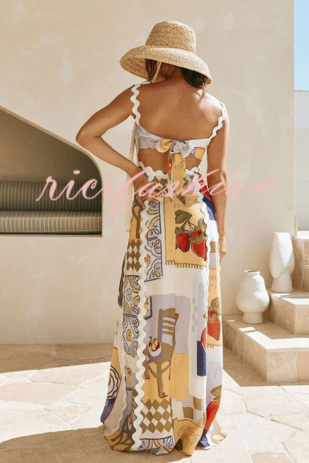 Chelsea Ric Rac Trims Unique Print Back Tie-up Maxi Dress