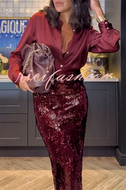 Feeling Festive Satin Button Up Long Sleeve Loose Blouse