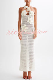 Call It Chic Knit Floral Crochet Halter Fishtail Hem Maxi Dress