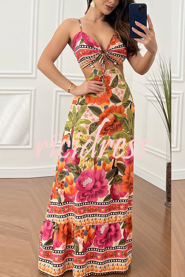 Mexico Style Tropical Print Ring Cutout Lace-up Vacation Maxi Dress