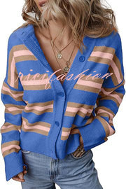 Colorblock Striped Knitted Long-sleeve Cardigan