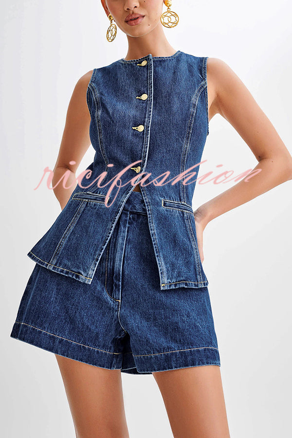 Abel Denim Button Up Princess Seams Pocket Vest Top