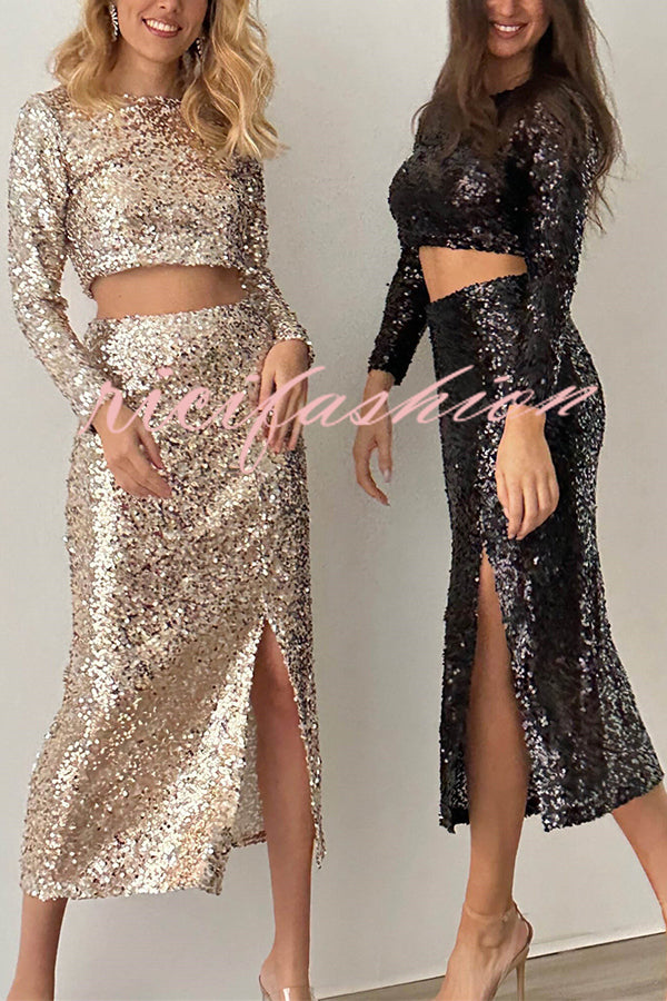 Solid Sequined Long-sleeved Crop Top and Sexy Slit Midi Skirt Set