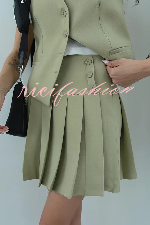 Solid Color Sleeveless Buttoned Vest and High-waisted Pleated Mini Skirt Set