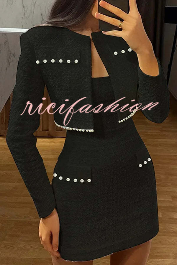 Stylish and Elegant Tweed Pearl-embellished Long-sleeved Jacket