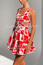 Holiday Colors Ric Rac Trims Unique Print Cutout Round Neck Mini Dress