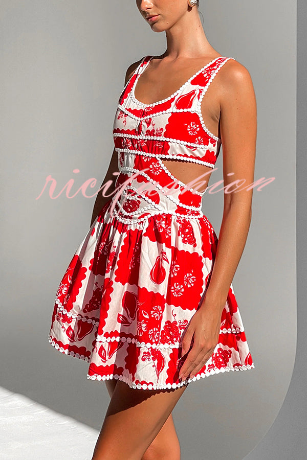 Holiday Colors Ric Rac Trims Unique Print Cutout Round Neck Mini Dress